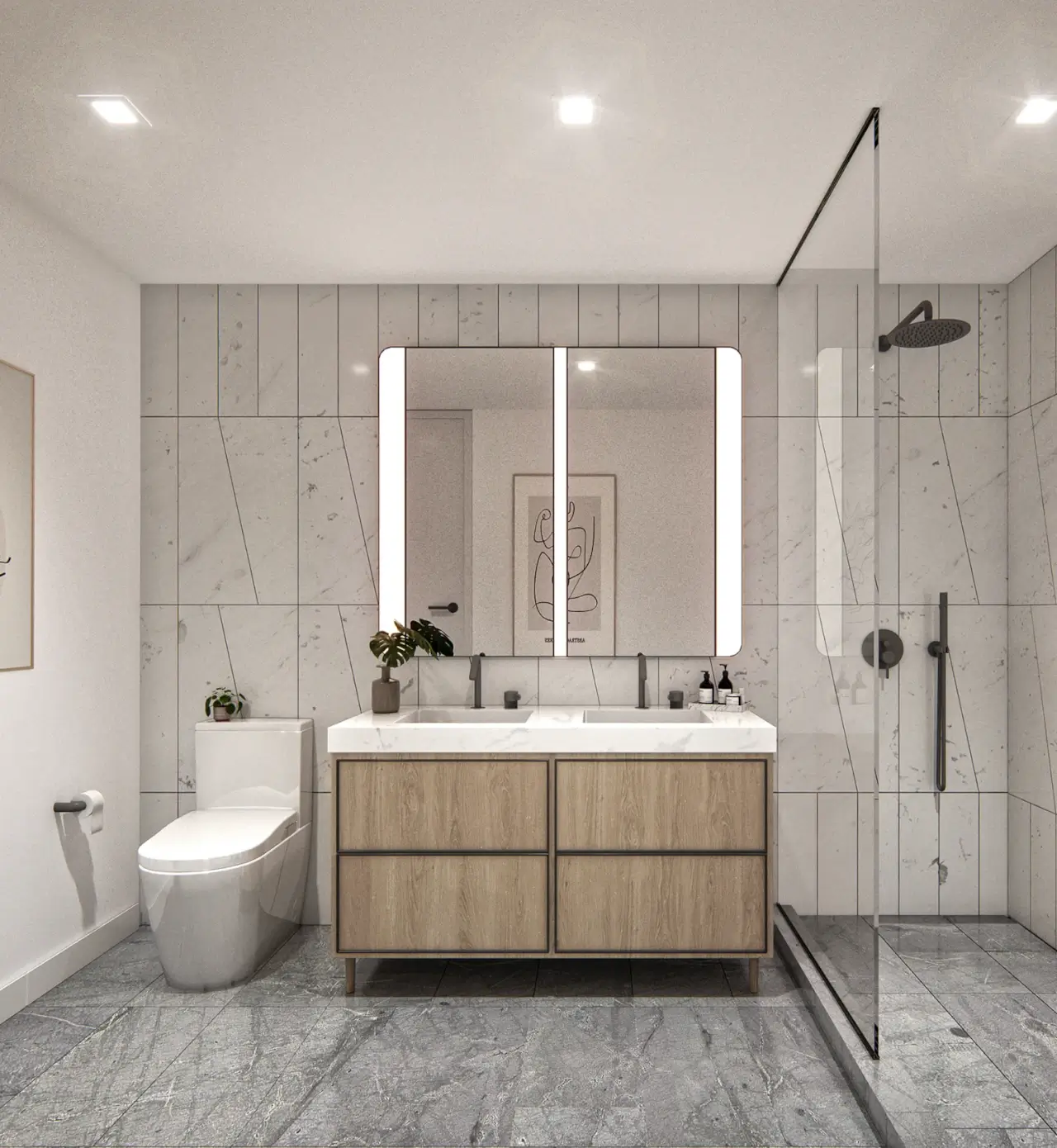 Luxurious master bathroom with elegant fixtures at Hendrix House condominiums in Gramercy, NYC.
