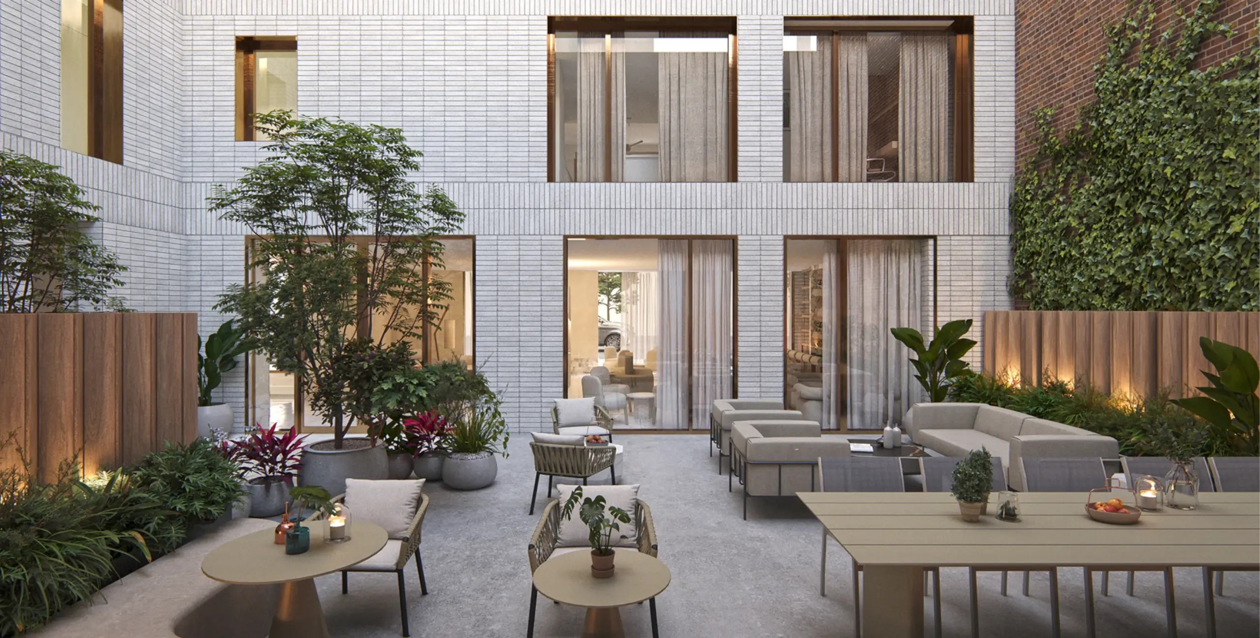 Outdoor landscaped courtyard at Hendrix House Kips Bay condominiums in NYC.
