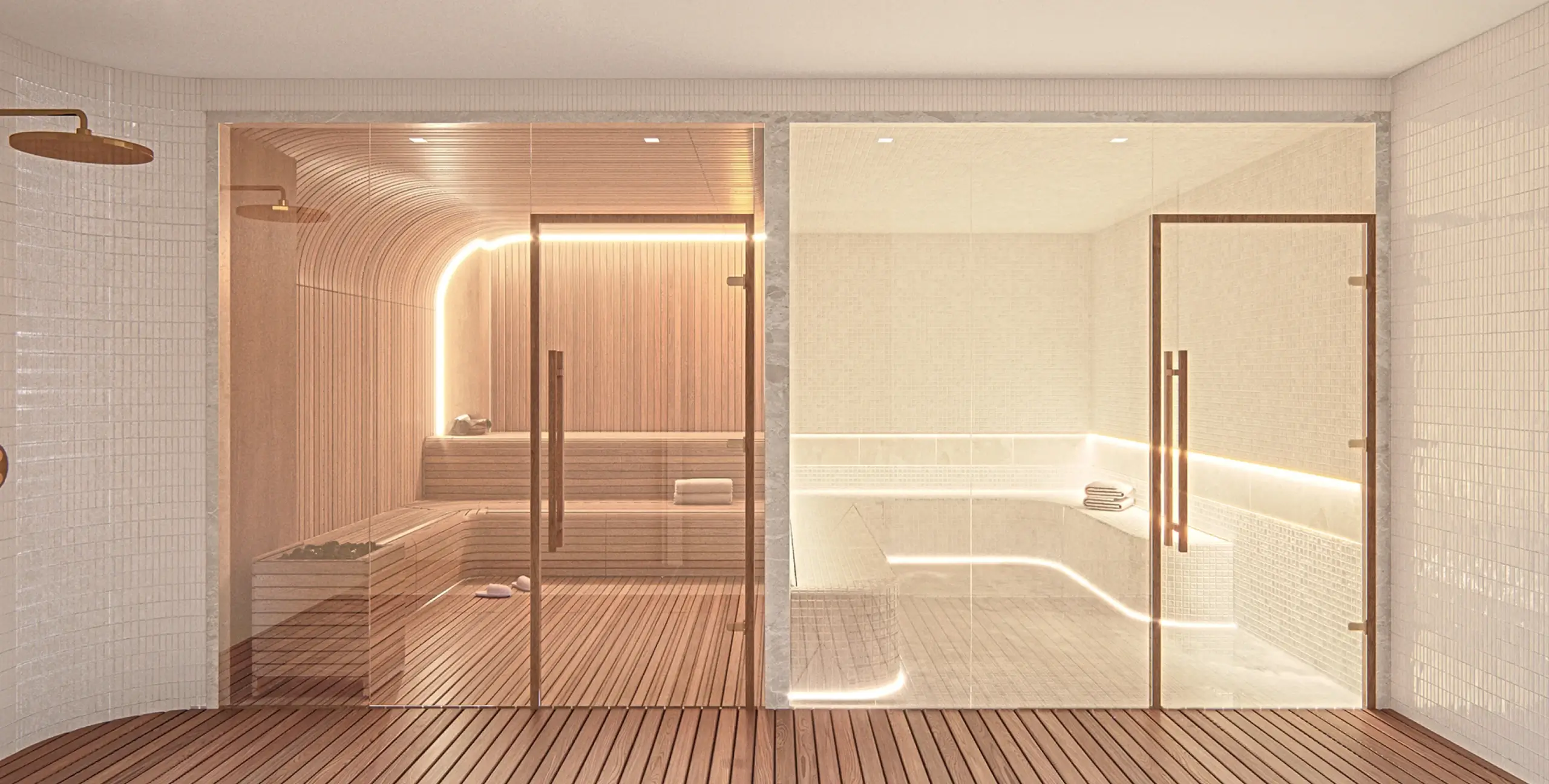 Wellness spa with sauna & steam room at Hendrix House NYC condos, providing a relaxing and luxurious amenity for residents.