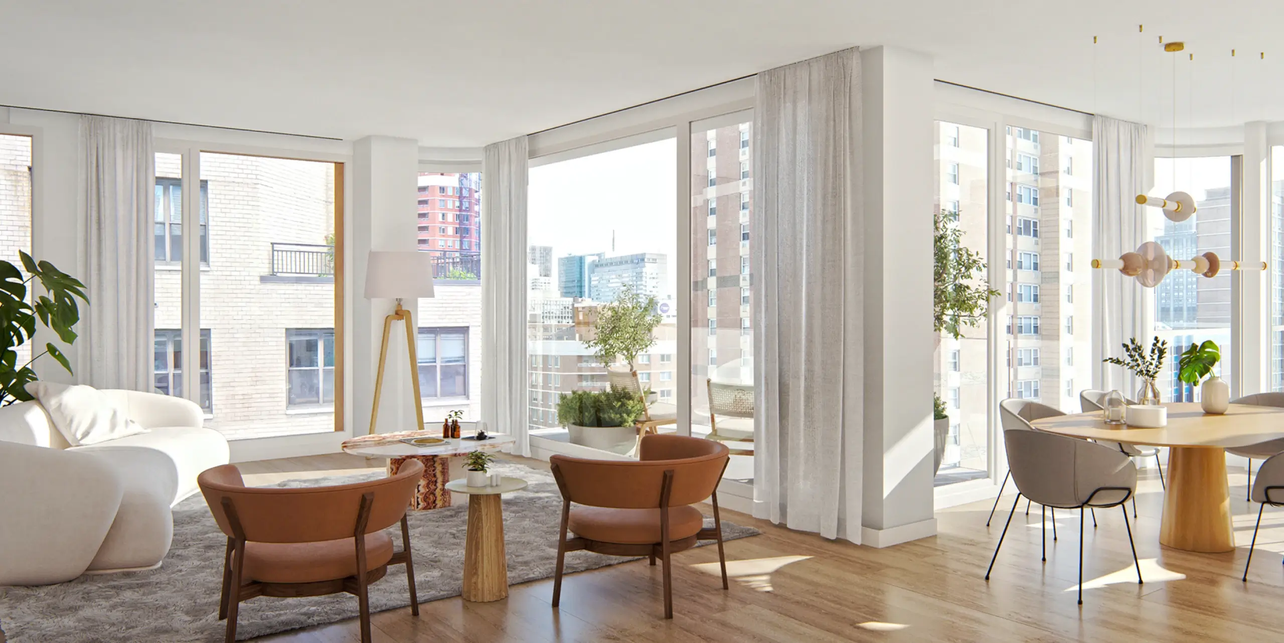 Stylish living room in Hendrix House NYC condominium in Gramercy, with full-wall windows and city views.