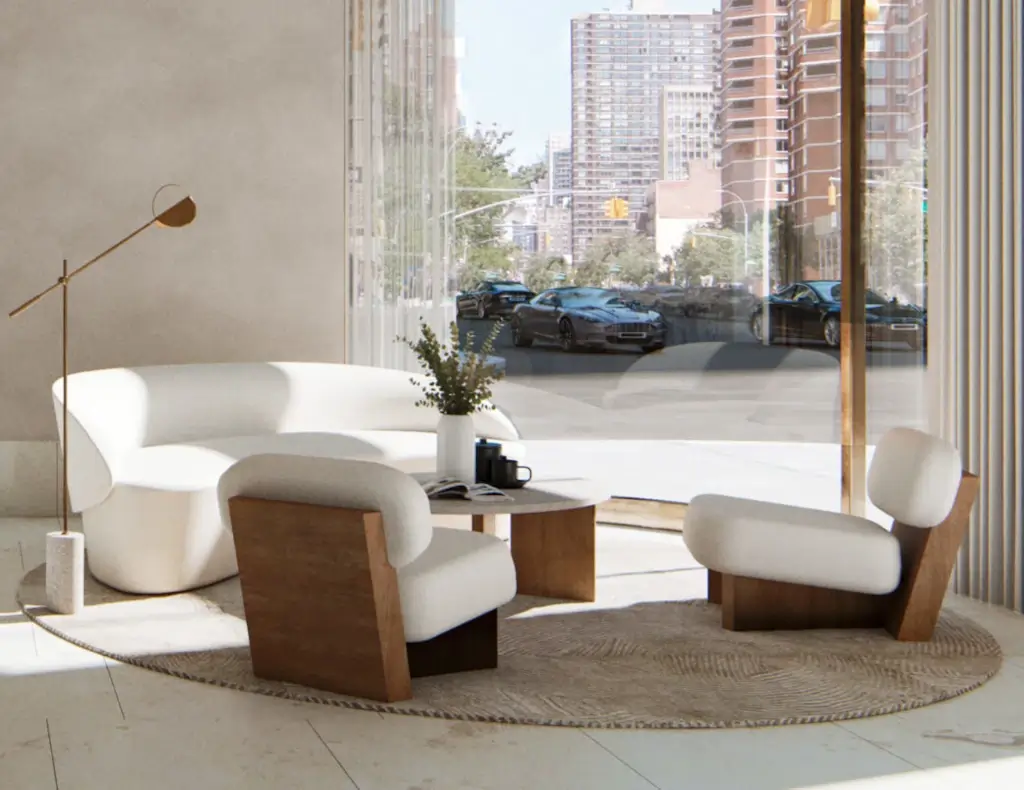 Residents lobby with white couches and floor-to-ceiling window at Hendrix House condominium in Gramercy NYC.