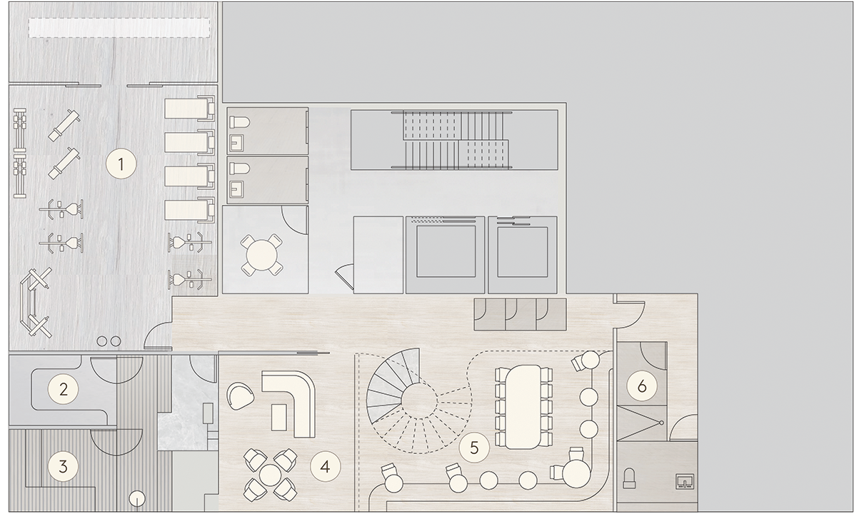 Floorplan of cellar amenity spaces at Hendrix House condo in Gramercy, feat. gym, sauna, pet spa, coworking spaces & more.