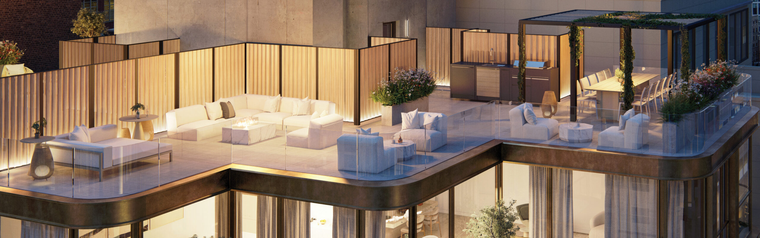 Landscaped condo rooftop lounge with couches and dining at Hendrix House NYC condominiums in Kips Bay.