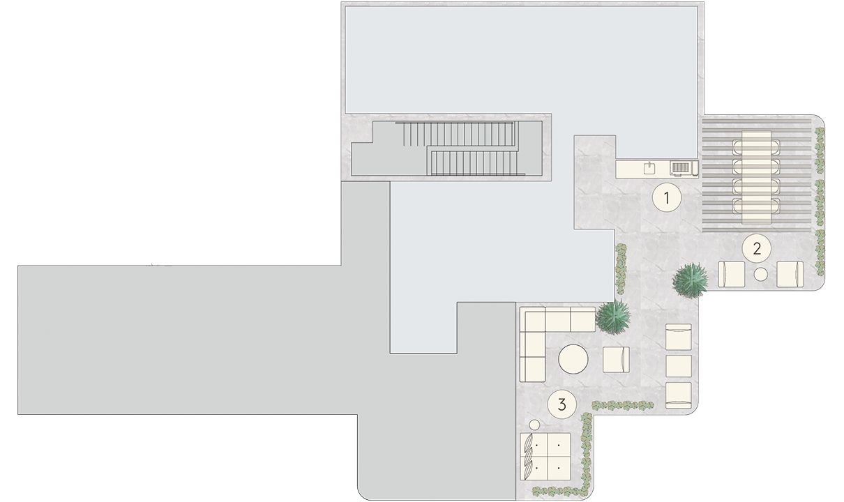 Floorplan of rooftop amenities at Hendrix House condominium in Gramercy, featuring outdoor kitchen, seating & sightseeing.