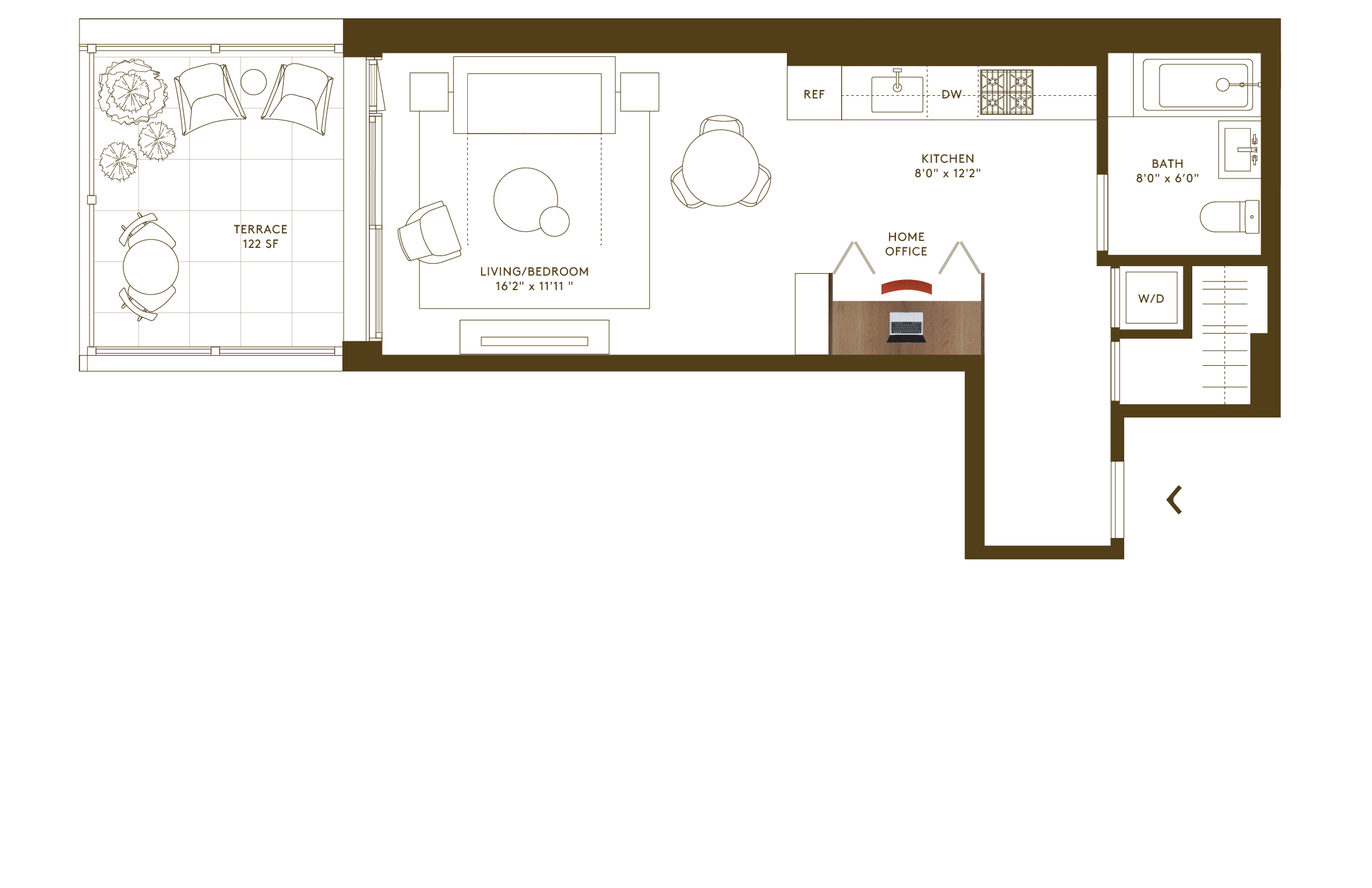Studio floorplan with terrace and home office at Hendrix House condos in Kips Bay NYC.
