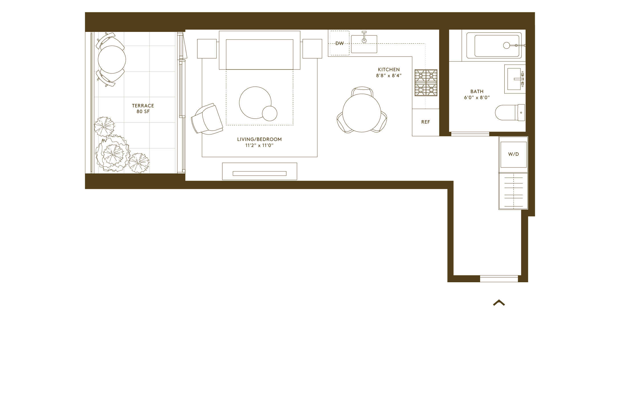 Studio floorplan with terrace at Hendrix House condominium in Kips Bay NYC.