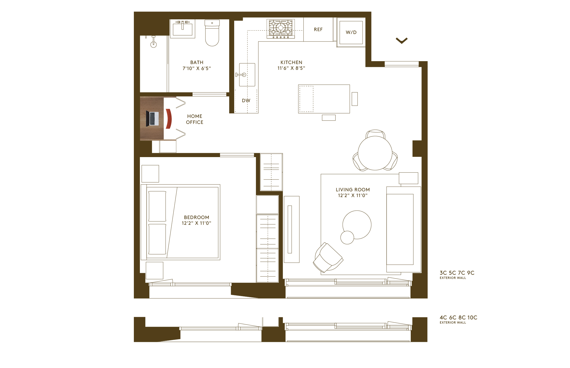 Floorplan of 1-bedroom condo with home office at Hendrix House condominium building in Gramercy NYC.