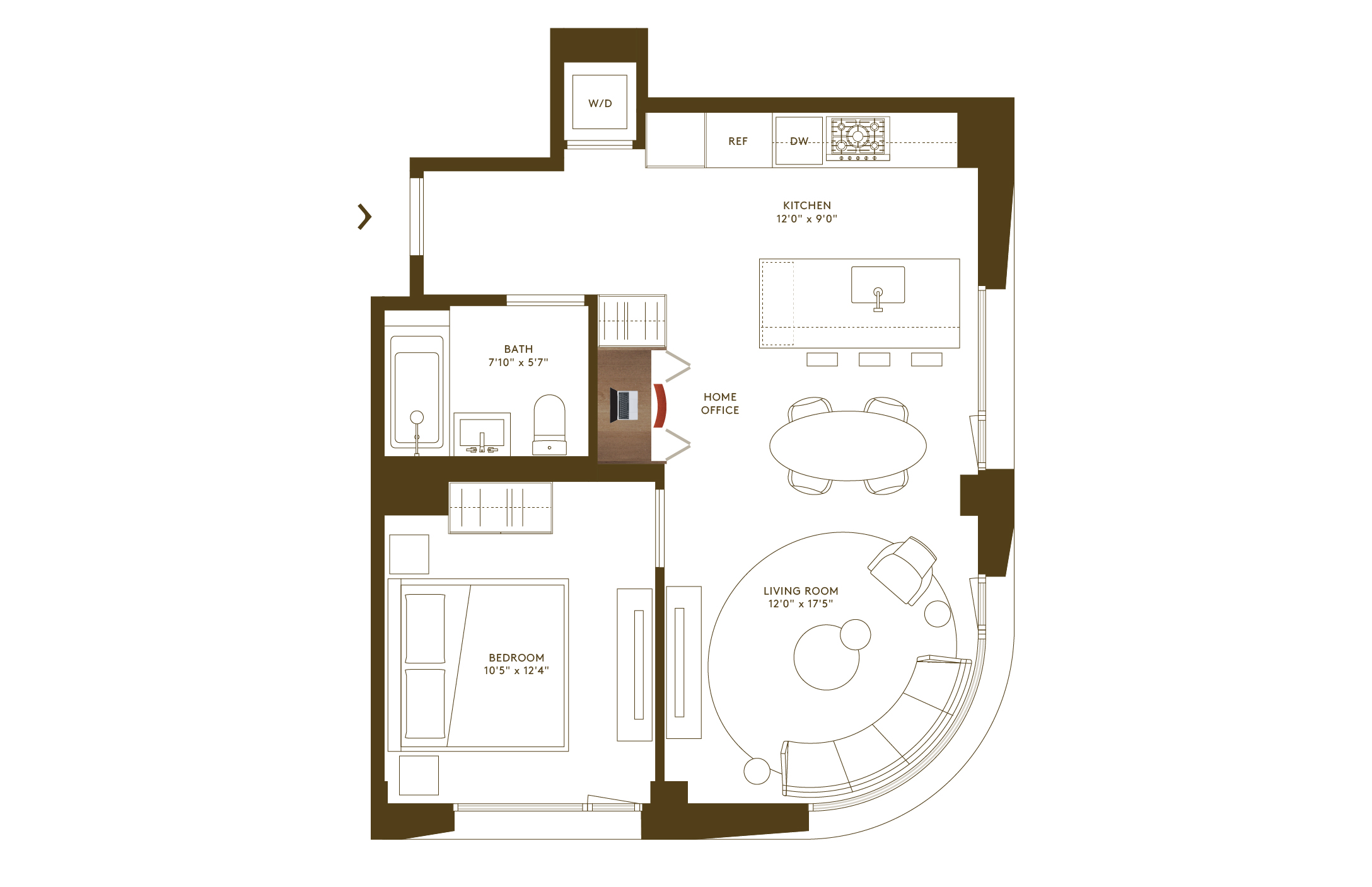 Floorplan of corner 1 BR condominium with home office at Hendrix House NYC condos for sale in Kips Bay.