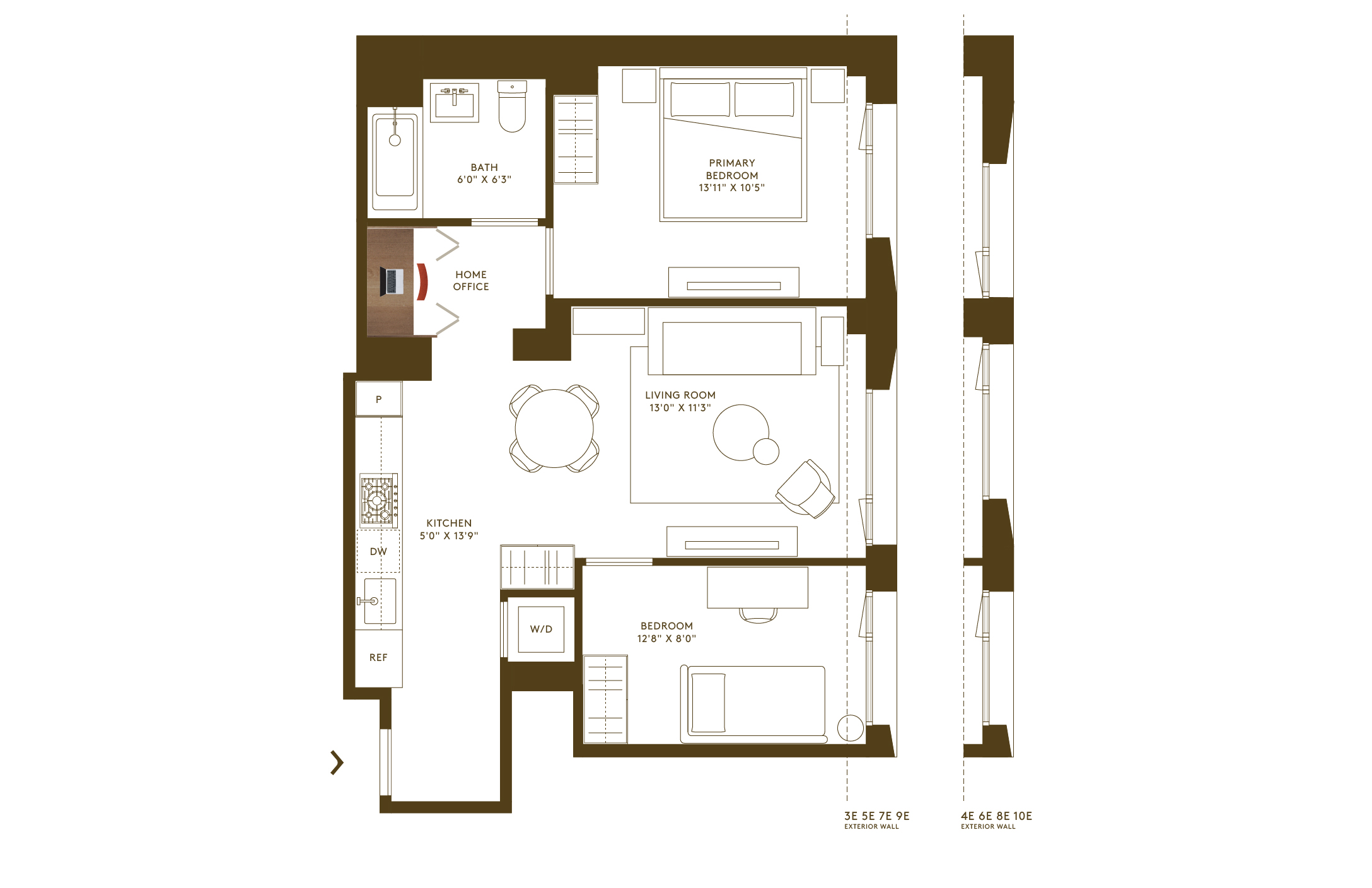 Floorplan of two-bedroom condo in Kips Bay at Hendrix House with living room, kitchen and home office.