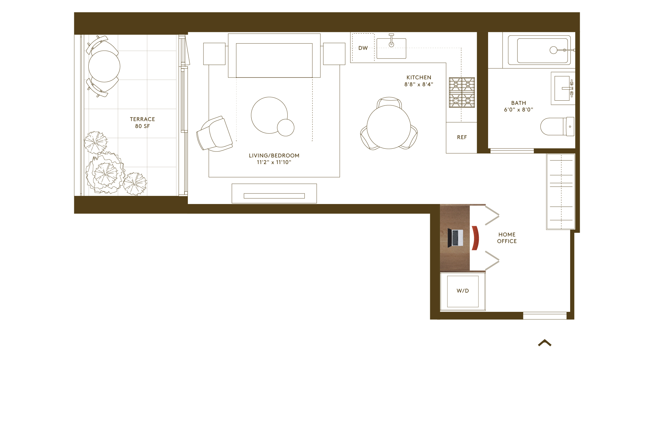Floorplan of Studio Condo with Home Office and Terrace at Hendrix House Condominium in Gramercy NYC.