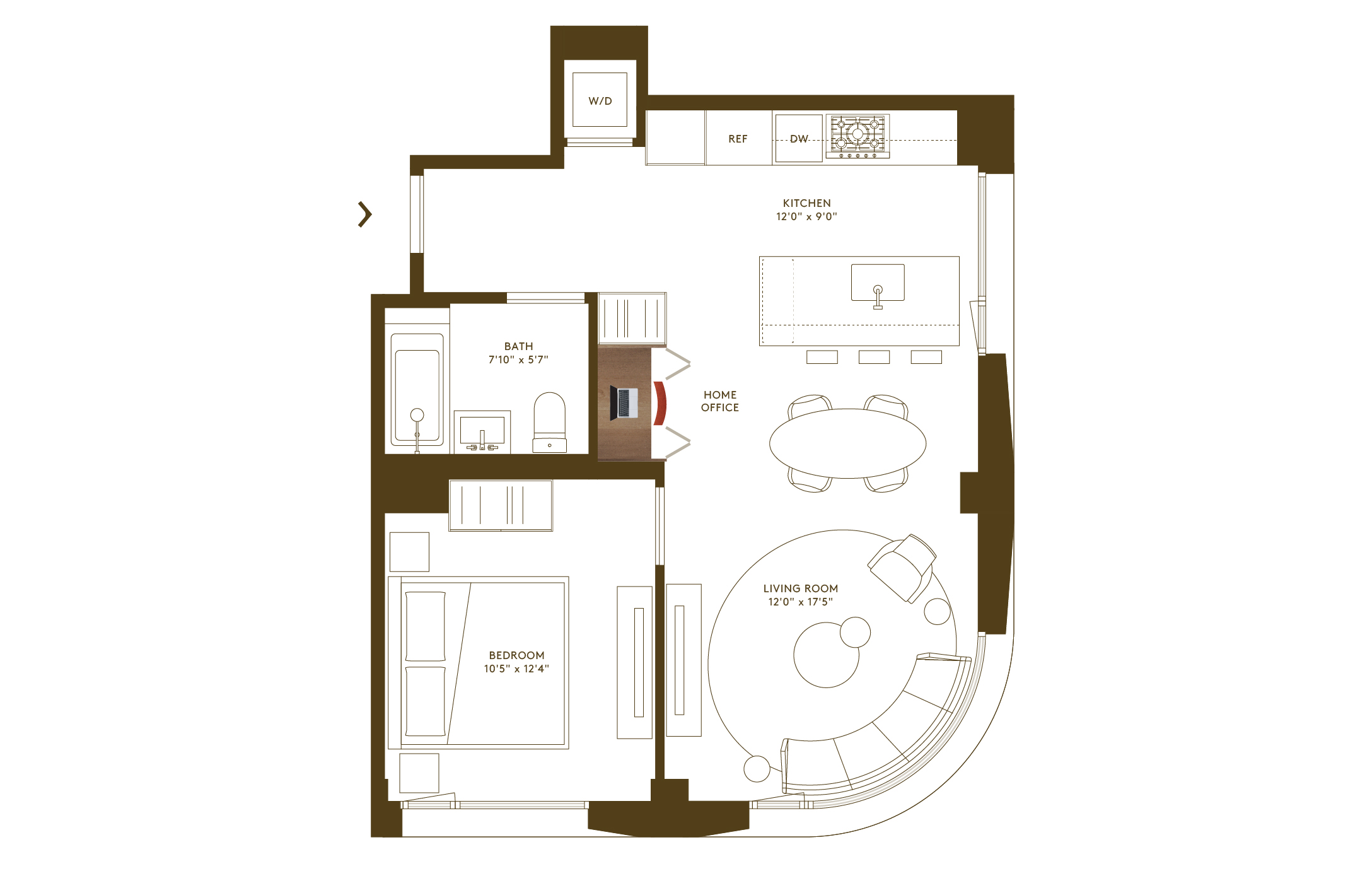 Floorplan of corner 1-bedroom condo with home office at Hendrix House condominiums in Kips Bay NYC.